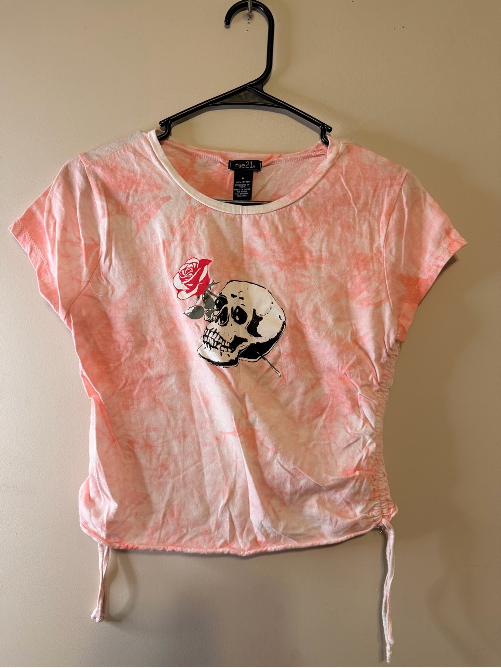 Rue21 Pink Tie-Dye Skull & Rose Drawstring Crop Top